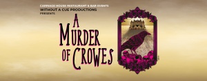 Carriage House event. A Murder of Crowes, image of a crow perched on skulls with a mansion in the background. Links to ticket purchasing page.