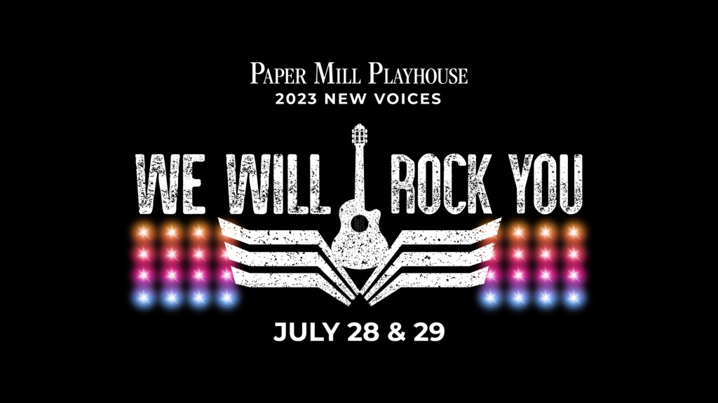 New Voices 2023: We Will Rock You with an image of a white guitar on white rock and roll wings with multi-colored stage lights to the left and right