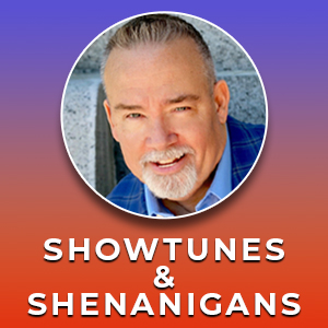 Circle headshot of Michael McAssey on orange background and the words showtunes & shenanigans in white
