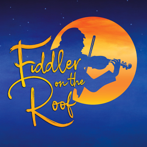 Fiddler on the Roof in sunset orange cursive letters on a blue background with the silhouette of a fiddler on a setting sun