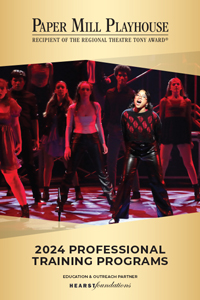 Front cover of the 2024 Professional Training Programs brochure. Gold-tone boarder on top and bottom with an image of students singing in the middle in red and black tones.