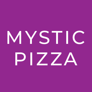 Mystic Pizza in white letters on a purple background