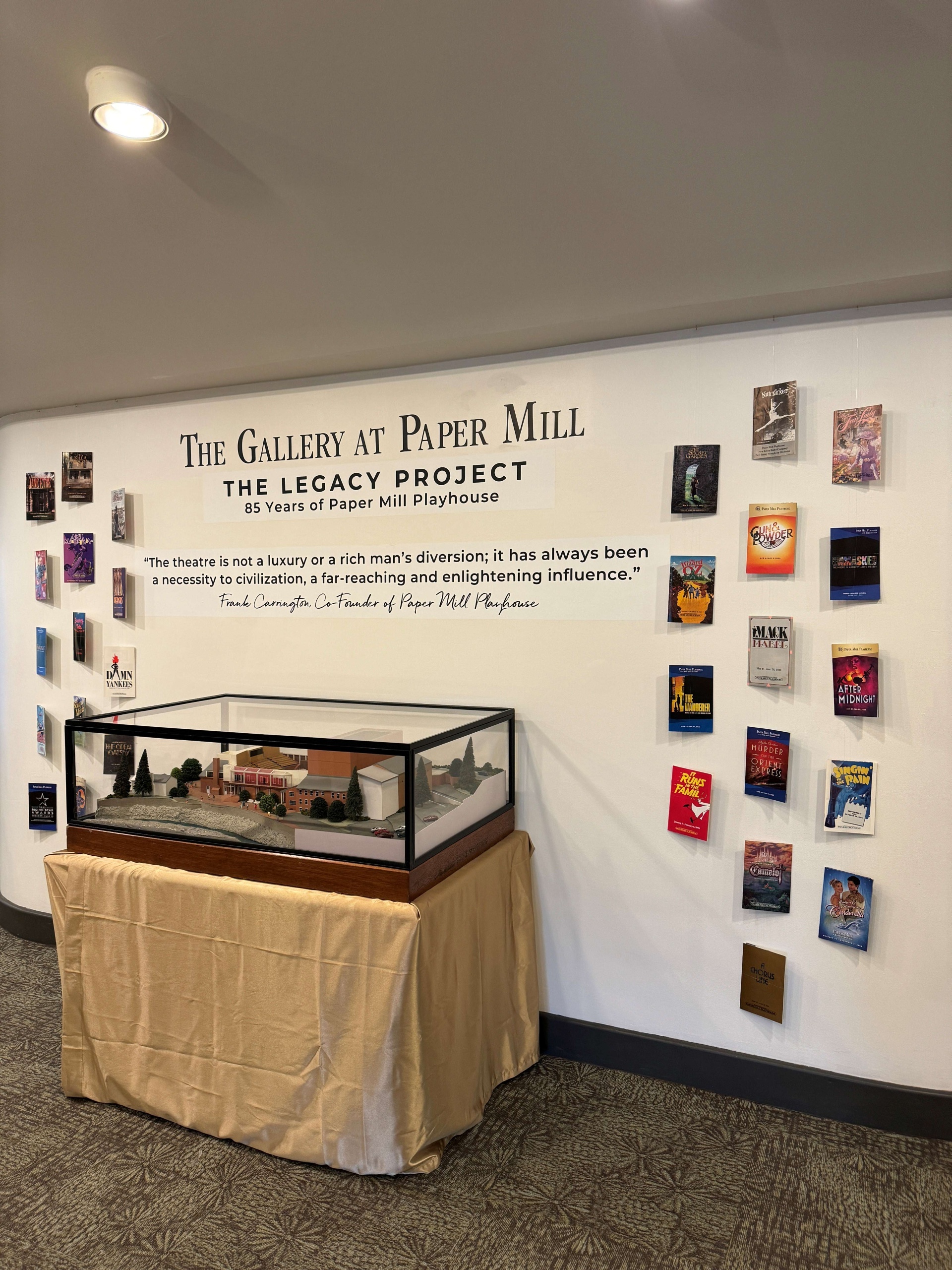 A model of the theater sits in front of a with programs hanging on the left and right. The Gallery at Paper Mill; The Legacy Project is in the center of the wall.