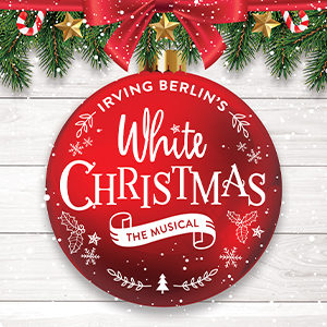 Irving Berlin's White Christmas in white letters on a red ornament. The background is horizontal grey paneling with greens, a red bow, two candy canes and gold stars at the top