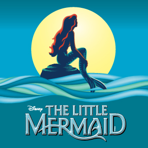 Disney's The Little Mermaid with a mermaid sitting on a rock in the middle of an ocean with a bright yellow sun behind her.