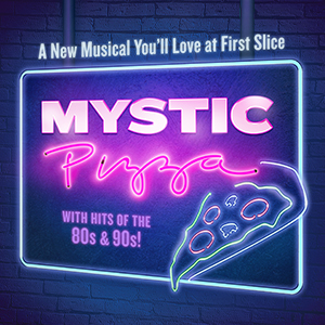 Mystic Pizza with the hits of the 80's and 90's in a neon light font. There is a slice of pizza in the lower right. The background is a gradient purple bricks