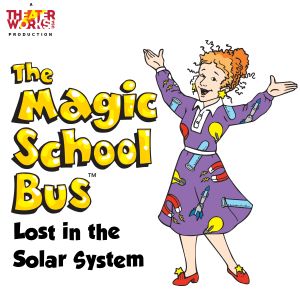 Ms Frizzle with her orange hair in a bun stands in a purple dress next to the title The Magic School Bus Lost in the Solarsystem