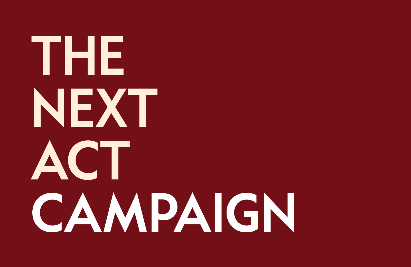 The Next Act Campaign in spotlight and white letters on a brick colored background