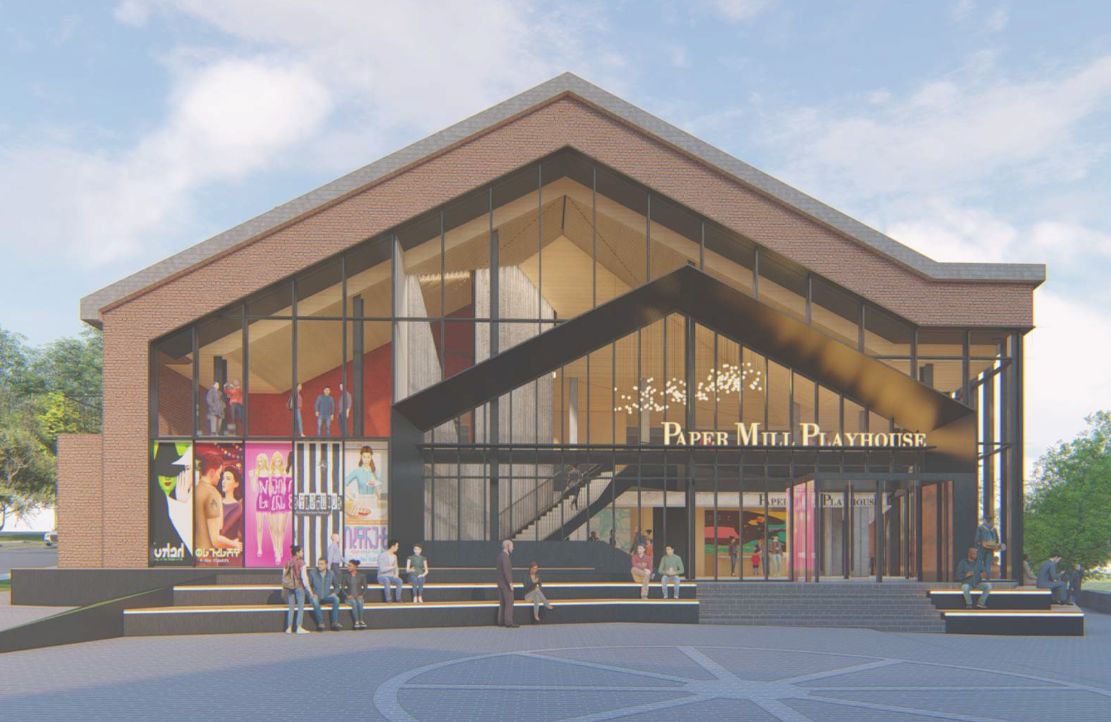 Rendering of Paper Mill renovations shows the front of the theater and has a glass front showing the renovated lobby and front of house area