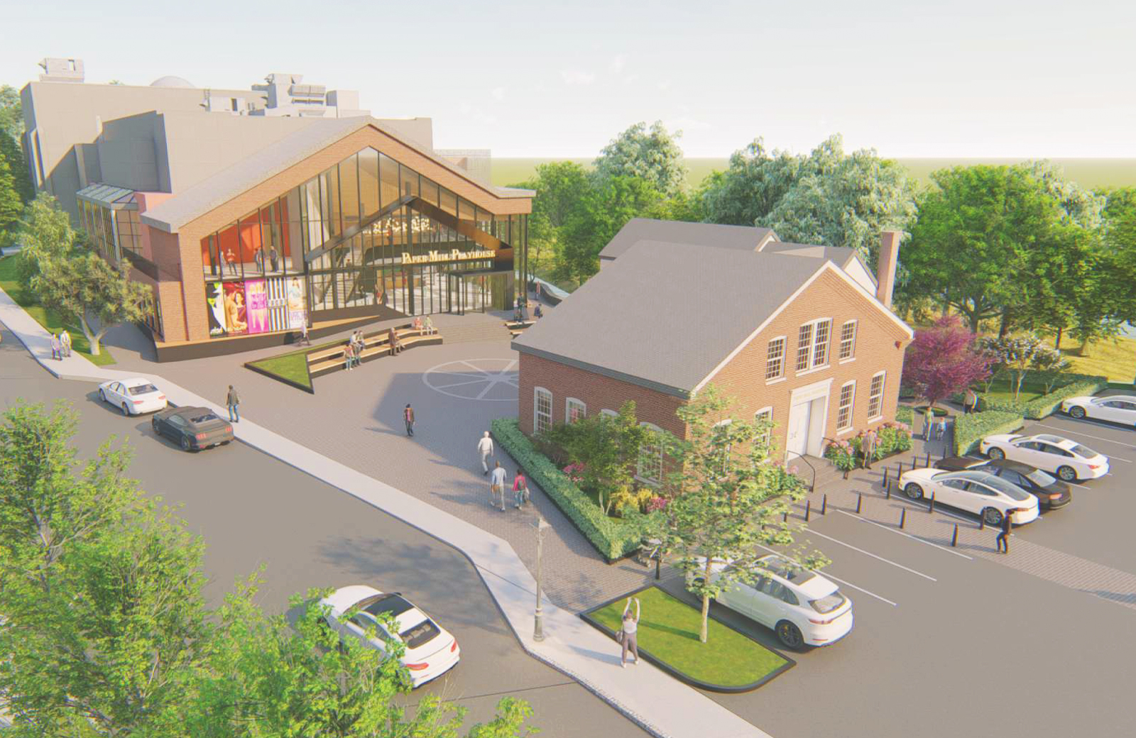 Rendering of Paper Mill renovations of the capmus including the theater with a glass front on the left and a Carriage House addition on the right 