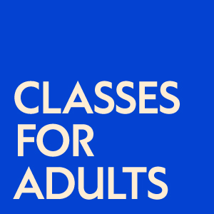 Classes for adults in white letters on a blue spike tape background