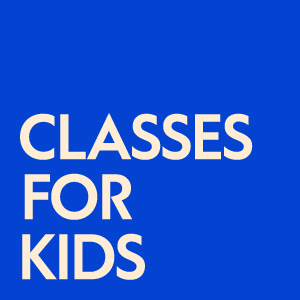 Classes for kids in white letters on a blue spike tape background