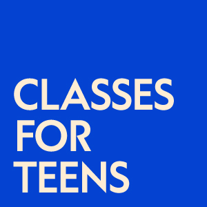 Classes for teens in white letters on a blue spike tape background