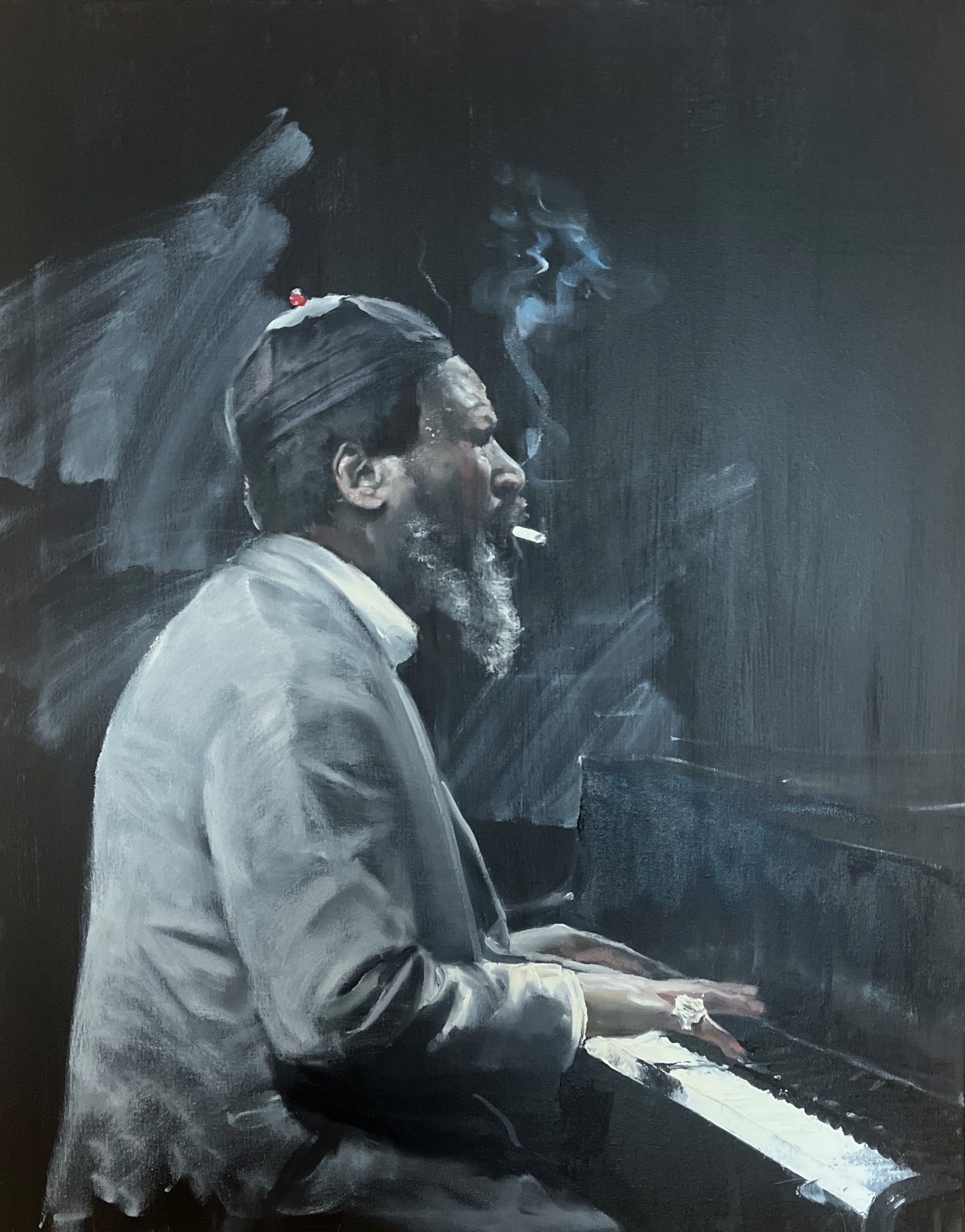 Thelonious Monk Portrait-by Luiza Albastova Man playing a piano and smoking