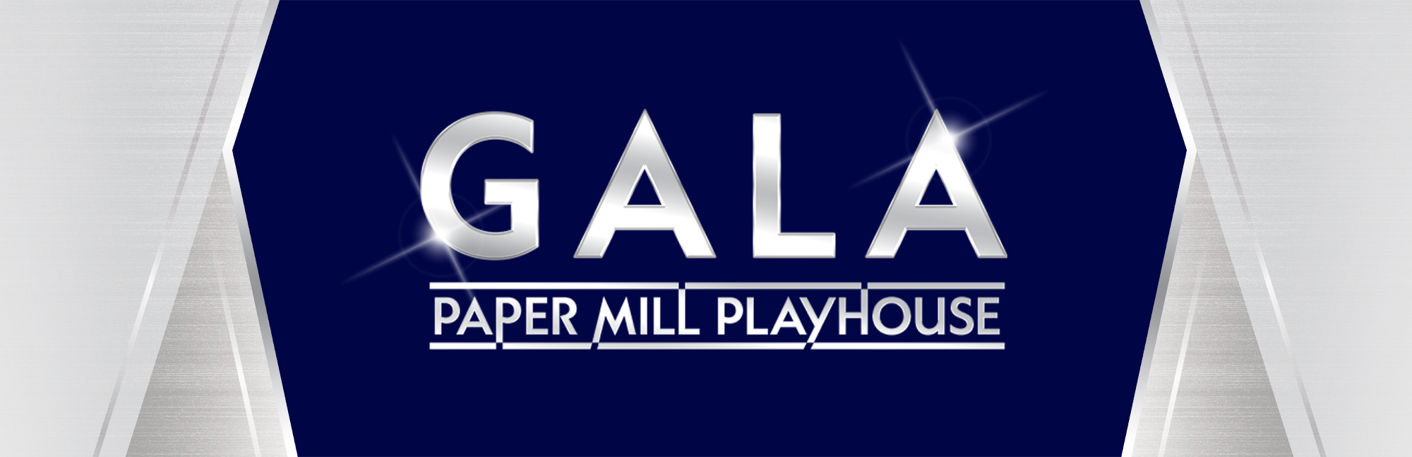 Gala Paper Mill Playhouse in silver letters on a dark blue background with silver "curtains" on either side