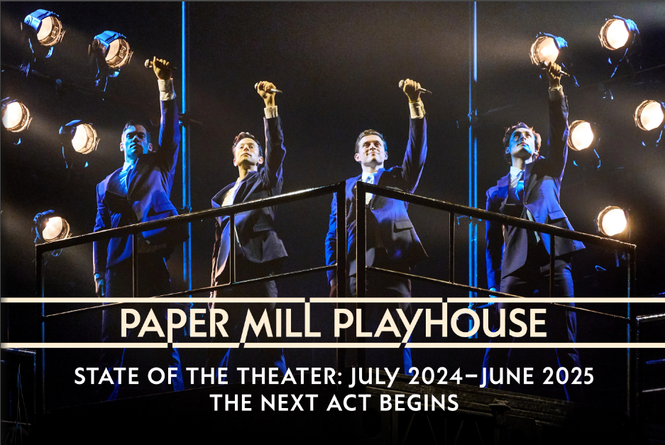 State of the Theater - Four men with arms raised holding microphones