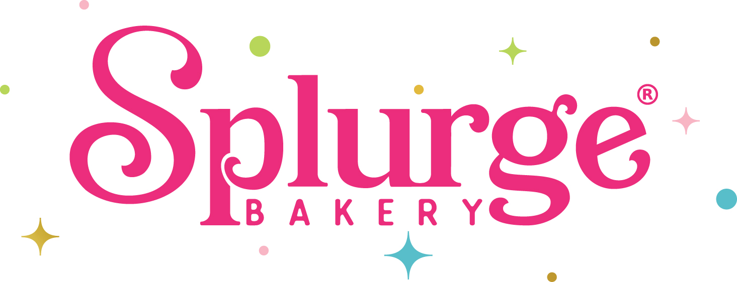 Splurge Bakery logo - pink letters on a white bacground surrounded by gold, green, teal & pink circles and stars
