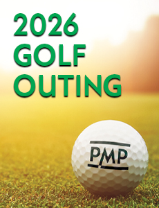 2026 Golf Outing in green letters above a white golf ball stamped with the PMP logo sitting on the green of a golf course