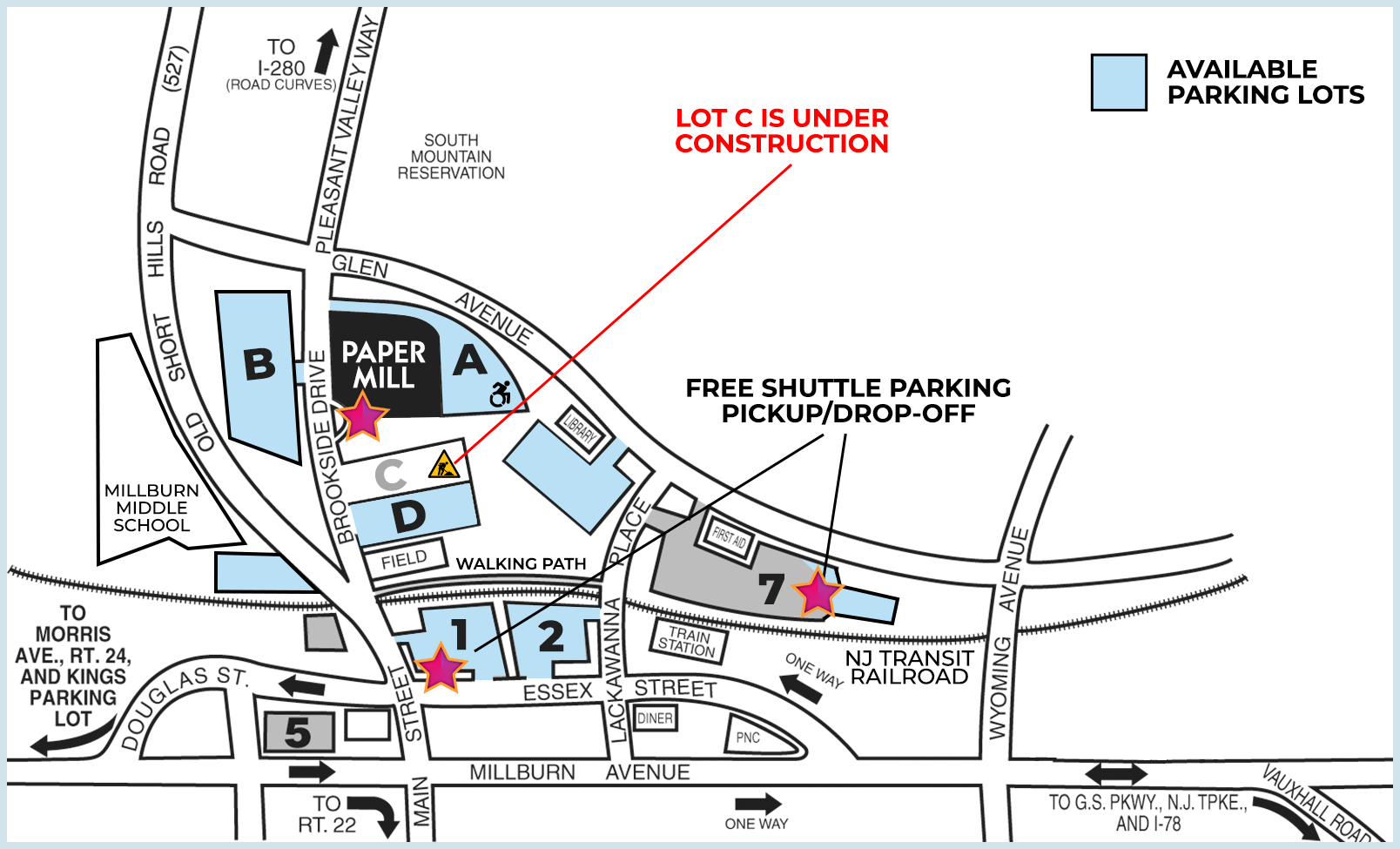 Parking map with shuttle pickup/dropoff locations indicated by stars and parking lot locations