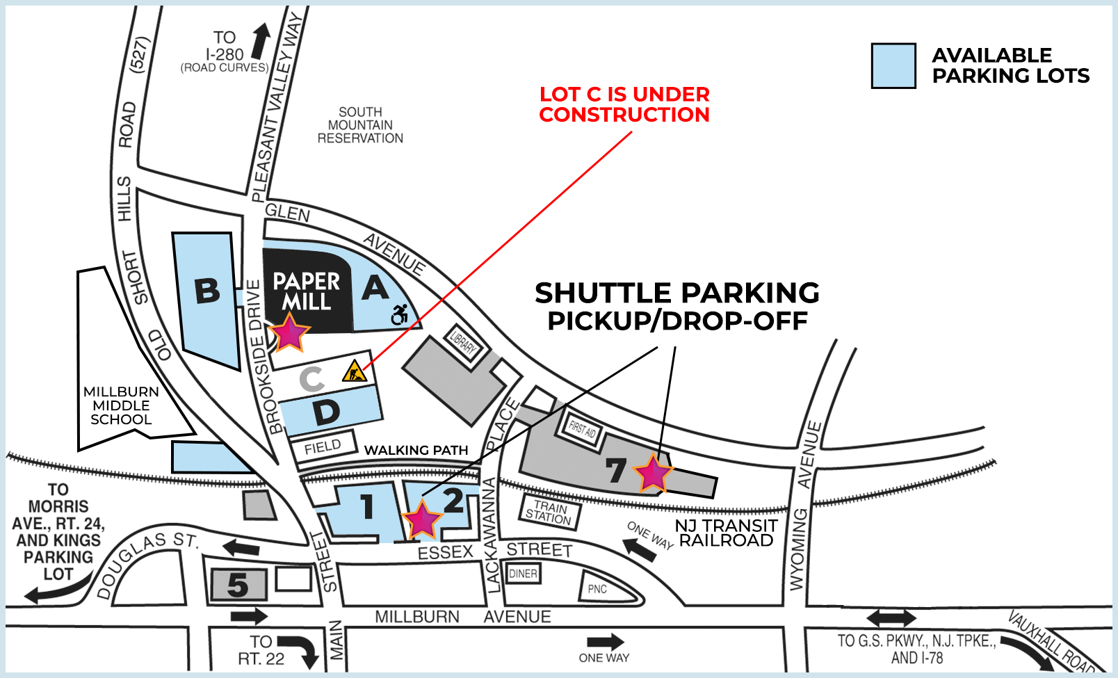 Map of parking and shuttle locations near Paper Mill Playhouse