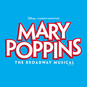Mary Poppins in white letters outlined in red on a light blue background