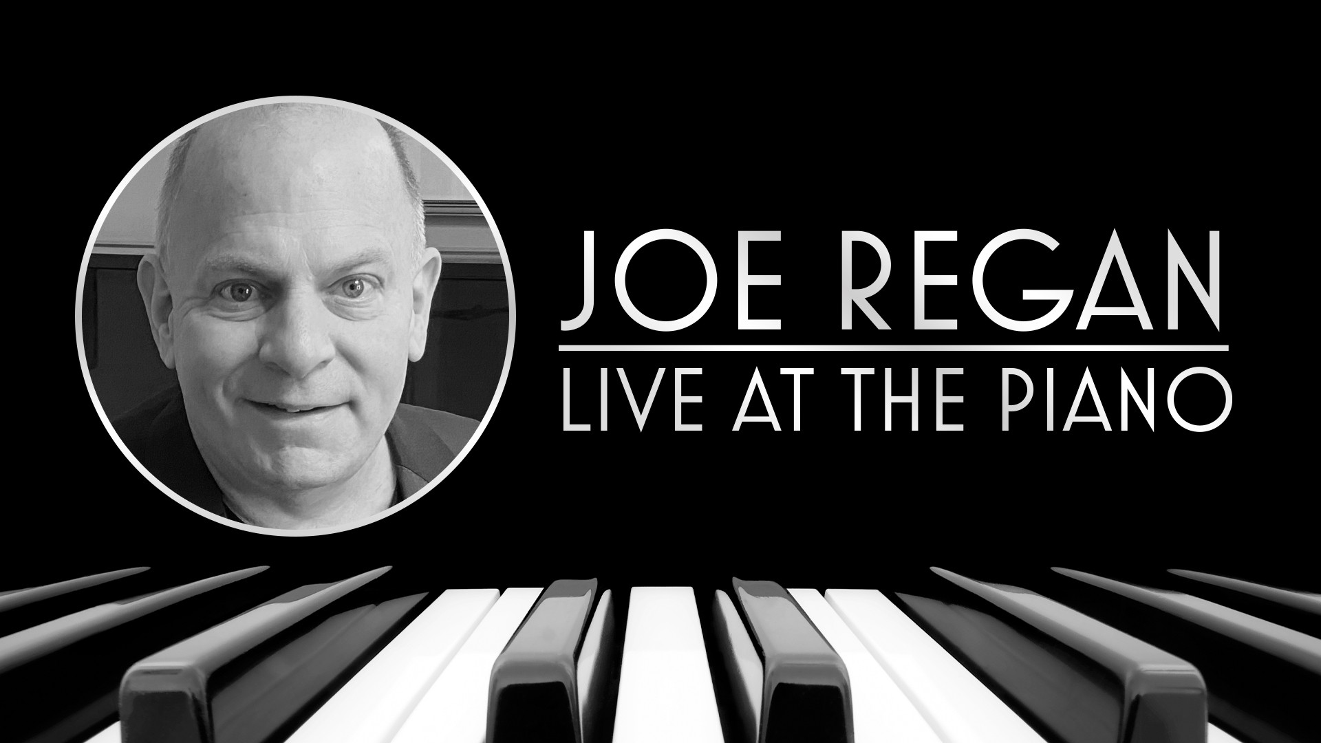 Joe Regan live at the piano bar with Joe's headshot all above a keyboard