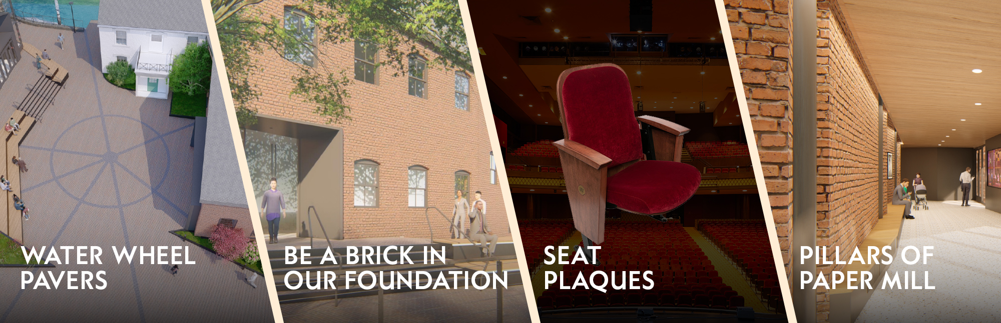 Images of a water wheel, a brick wall, a theater seat and pillars